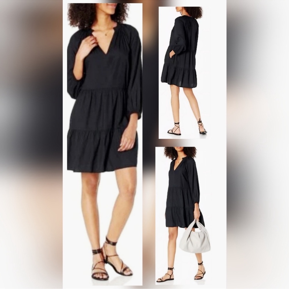 The Drop @CaralynMirand Ruffle V-Neck 3/4 Sleeve Tiered Midi Dress, Black, Sz S